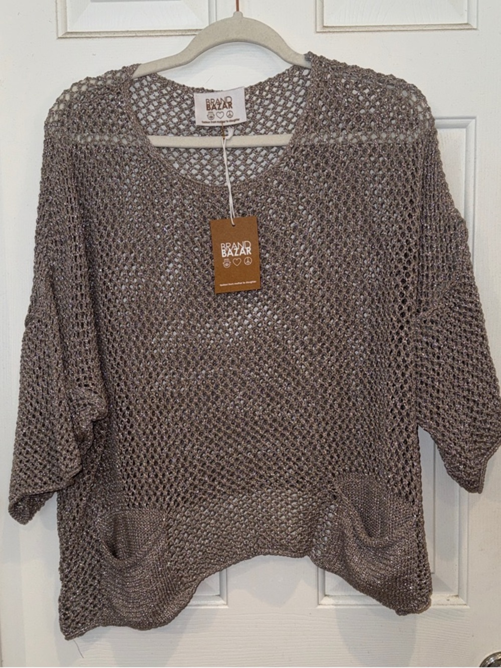 Brand Bazar Silver Sparkle Open-Knit Scoop Neck Pullover Sweater